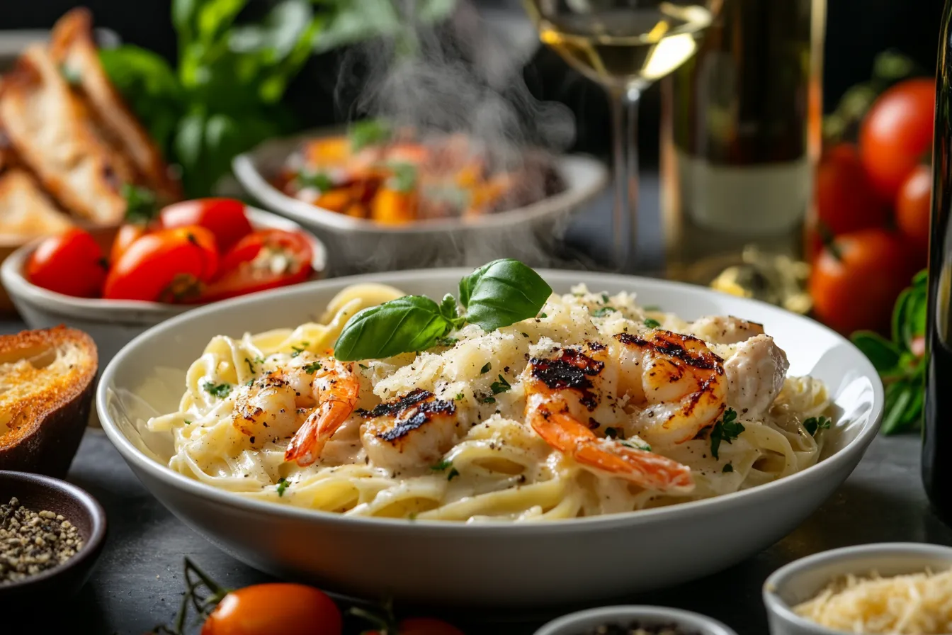 A plate of creamy Alfredo sauce pasta with added chicken, garnished with fresh parsley and served with roasted vegetables.