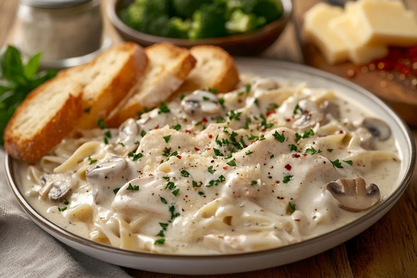 Delicious homemade Chicken Alfredo garnished with fresh herbs and served with garlic bread.