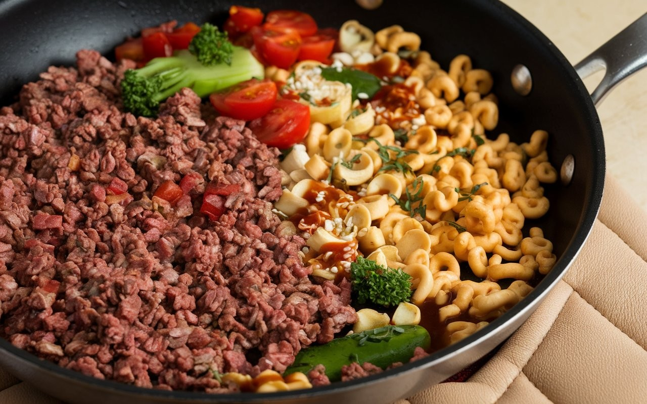 A skillet with cooked ground beef and rehydrated soy curls, showing a nutritious blend of plant-based and meat proteins for a healthy dish.