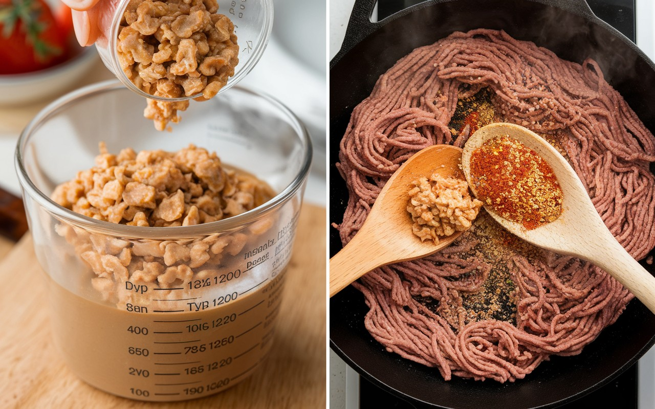 Hydrated TVP in a bowl next to ground beef, showing the ratio for replacing ground beef with TVP in recipes.