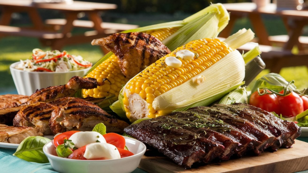 Grilled corn on the cob served with BBQ ribs and fresh coleslaw for a perfect summer meal.