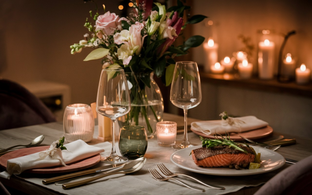 Table set for a romantic dinner for two, with candlelight, wine, and an elegant meal of seared salmon and fresh flowers.