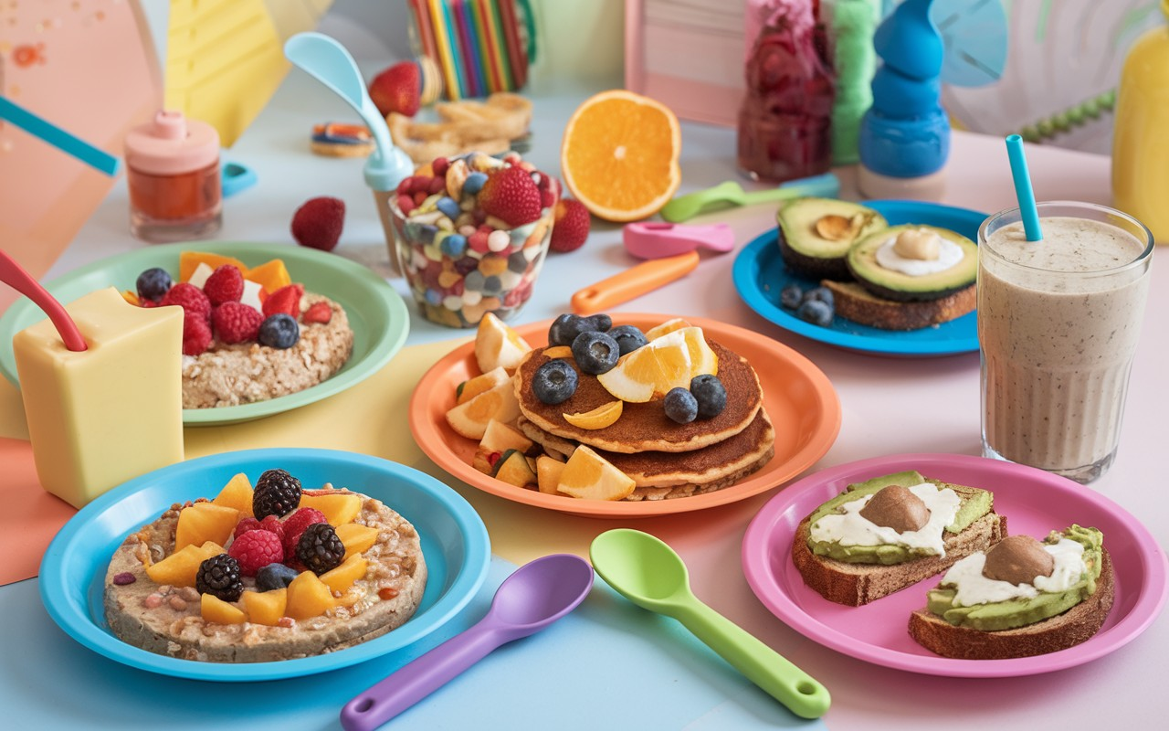 A plate of healthy toddler breakfast with pancakes, fruit, and yogurt.