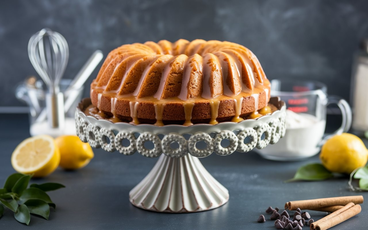 A beautifully glazed Bundt cake on a stand, showcasing the iconic ridges and golden brown texture, perfect for dessert tables.