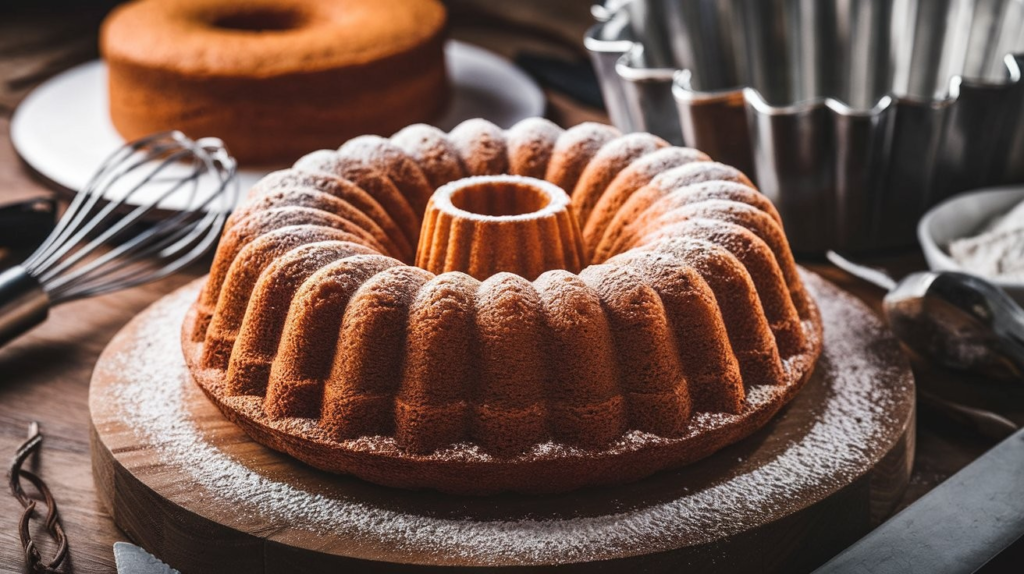 A golden-brown Bundt cake with a crisp outer crust and powdered sugar, surrounded by baking tools and a Bundt pan.