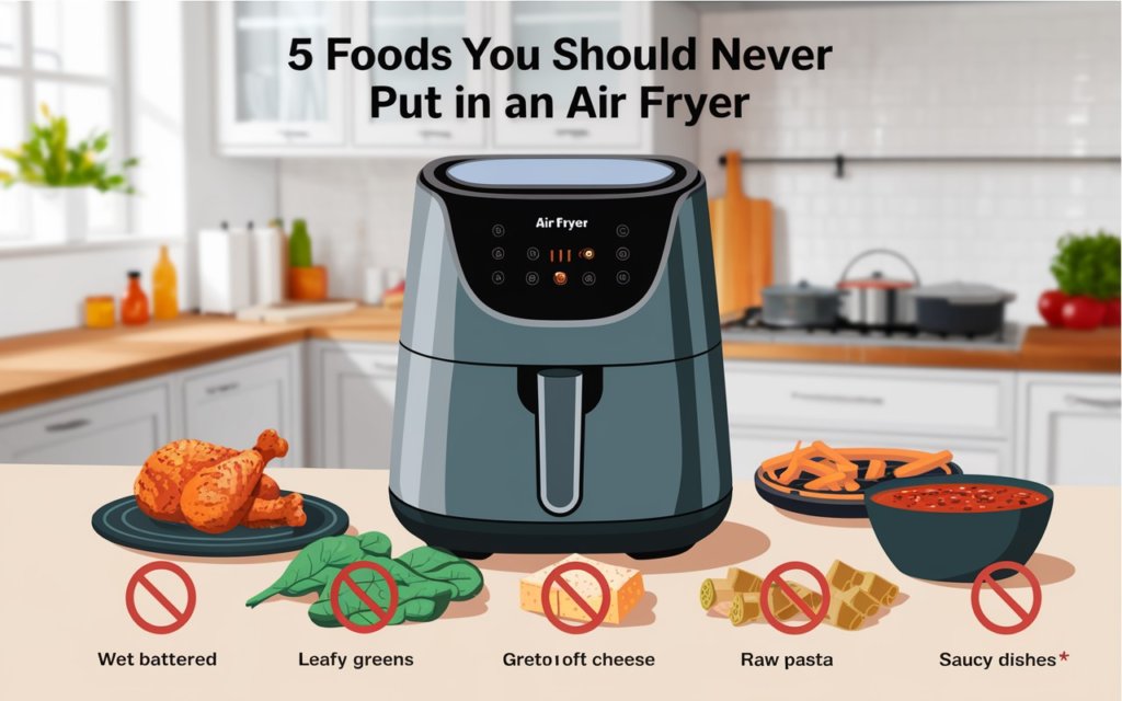 Image of an air fryer surrounded by foods like wet battered chicken, leafy greens, cheese, raw pasta, and saucy dishes, with a 'no' symbol over each, highlighting what not to cook in an air fryer.