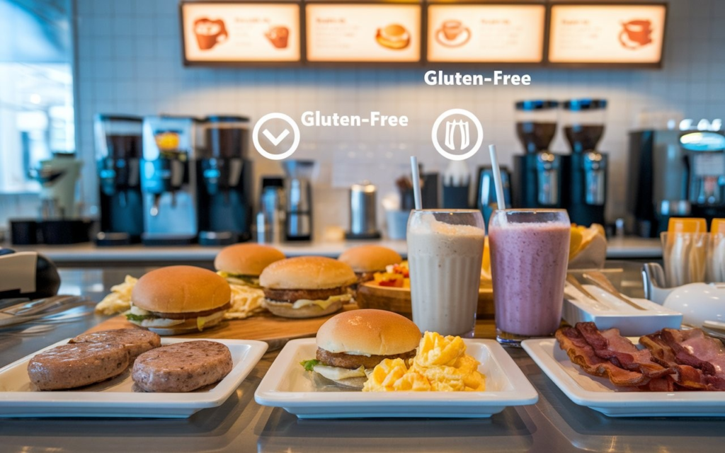 Gluten-free breakfast items at McDonald’s, including sausage patties, scrambled eggs, bacon, and smoothies.