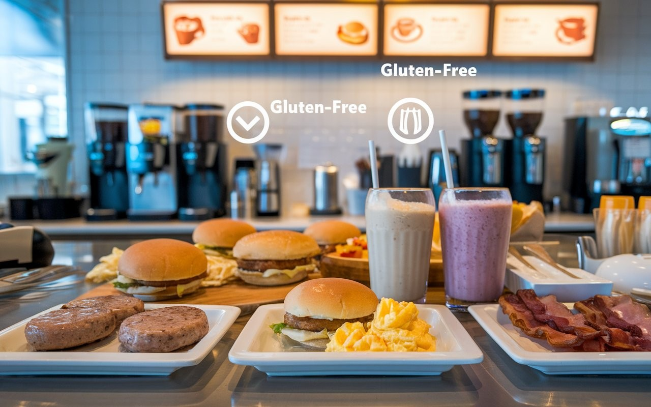 Gluten-free breakfast items at McDonald’s, including sausage patties, scrambled eggs, bacon, and smoothies.