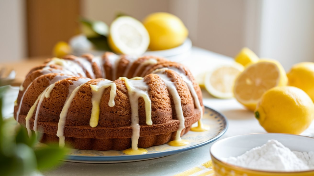 A perfectly baked moist lemon Bundt cake drizzled with fresh lemon glaze on a white cake stand.