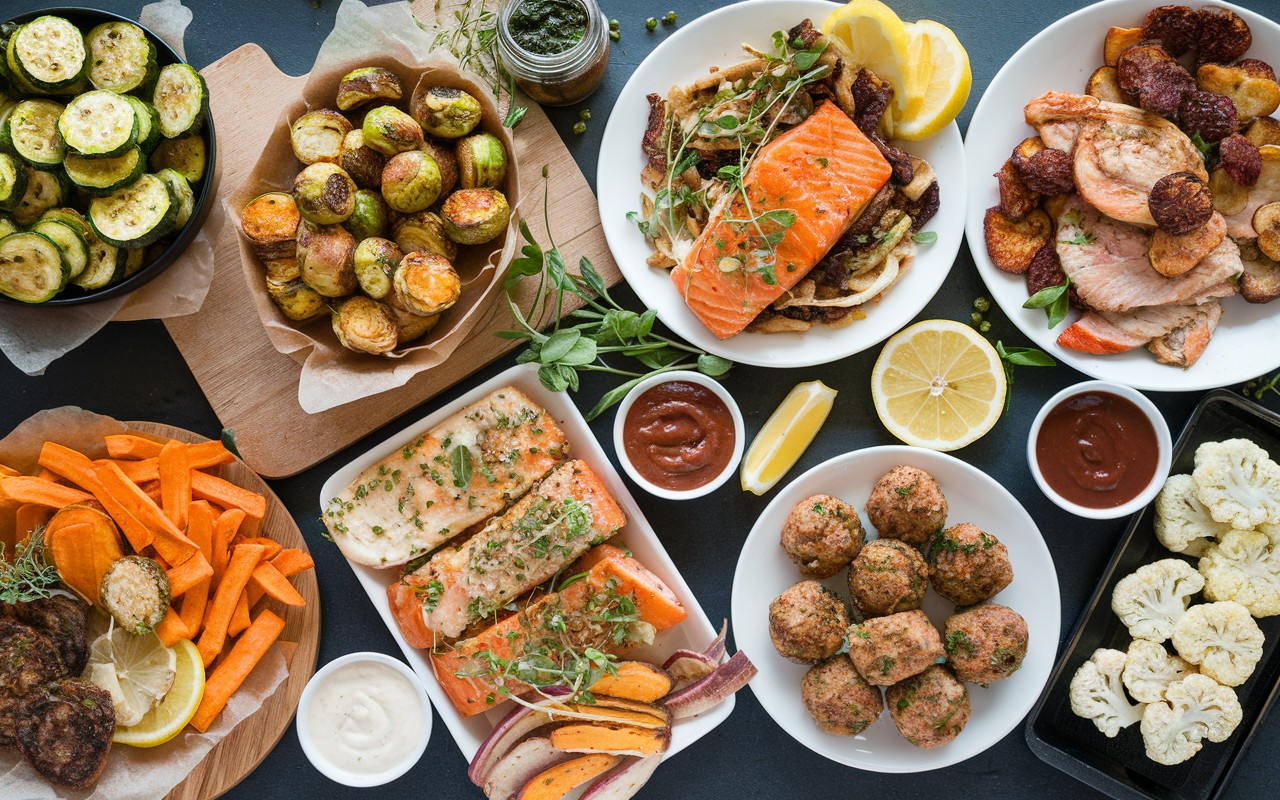 Image showcasing a variety of healthy air fryer recipes, including crispy vegetables, lean proteins, and nutritious snacks, all prepared with minimal oil.