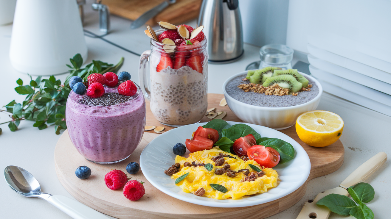 A variety of healthy breakfast options including smoothie bowls, overnight oats, scrambled eggs with veggies, and chia pudding.