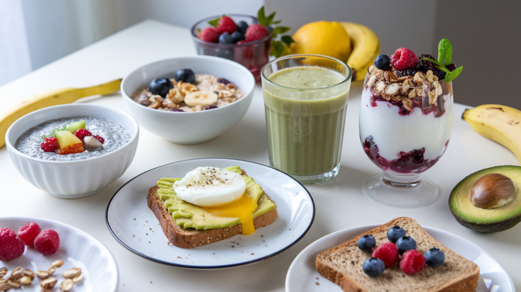 A variety of nutritious breakfast options including oatmeal, avocado toast, Greek yogurt parfaits, chia pudding, and smoothies with fresh fruits.