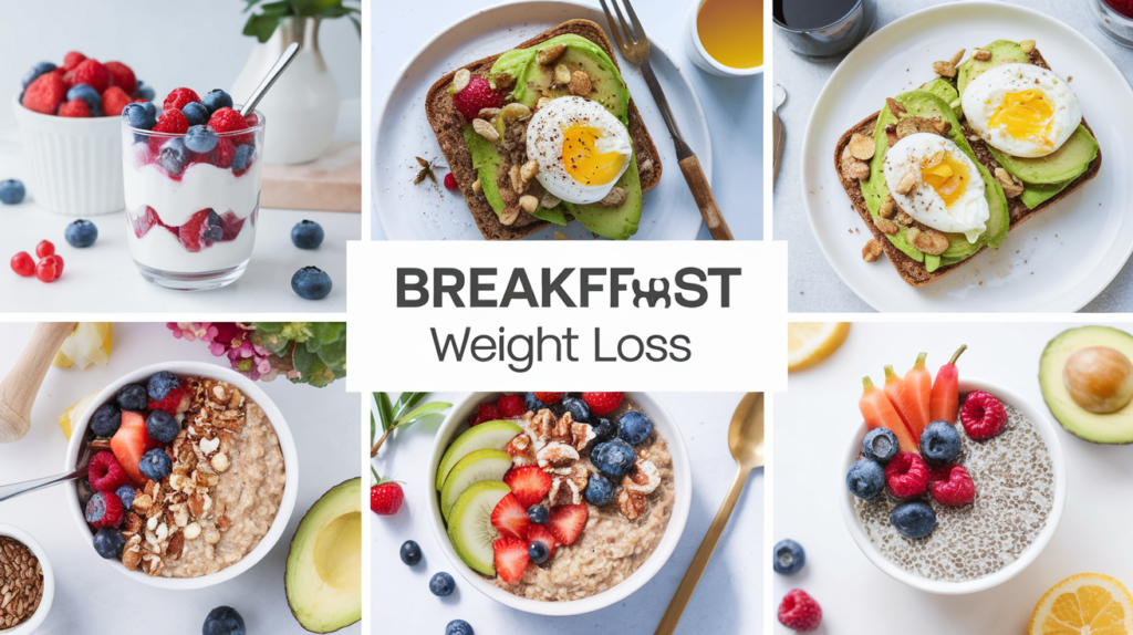 Healthy breakfast options for weight loss featuring Greek yogurt, oatmeal, avocado toast, and chia seed pudding.