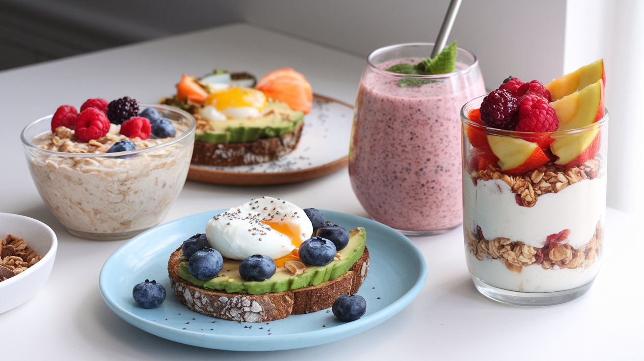 A variety of healthy breakfast ideas including avocado toast, overnight oats with berries, a smoothie bowl, and Greek yogurt parfait.