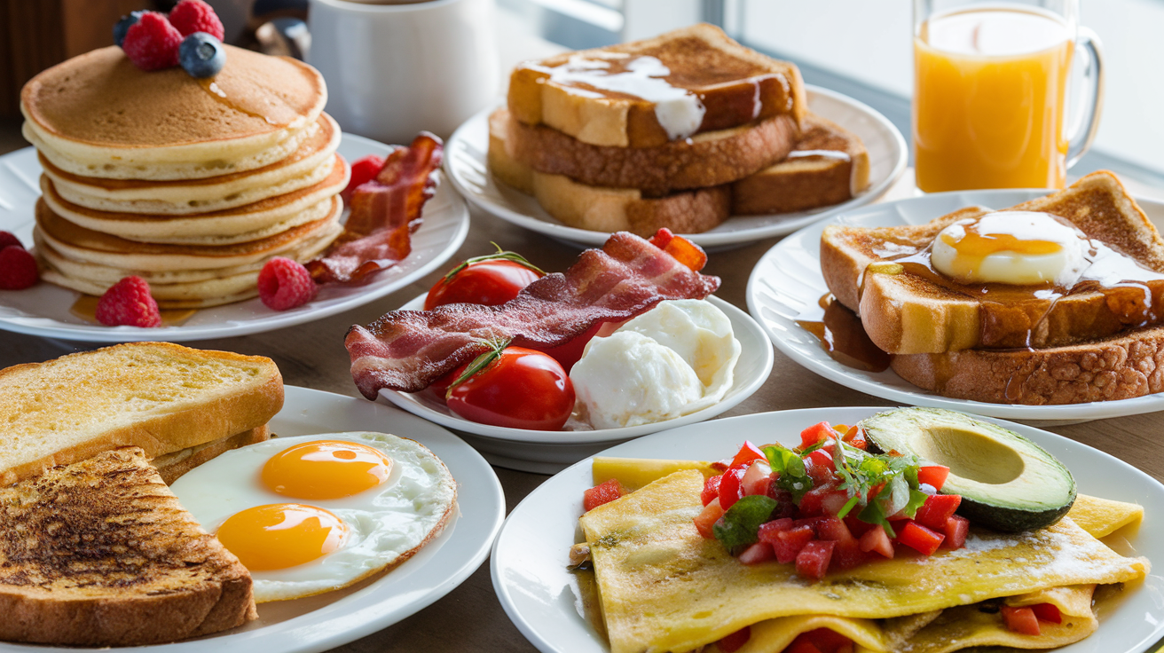 A variety of popular breakfast dishes including pancakes with berries, eggs and bacon, a Full English breakfast, and French toast.