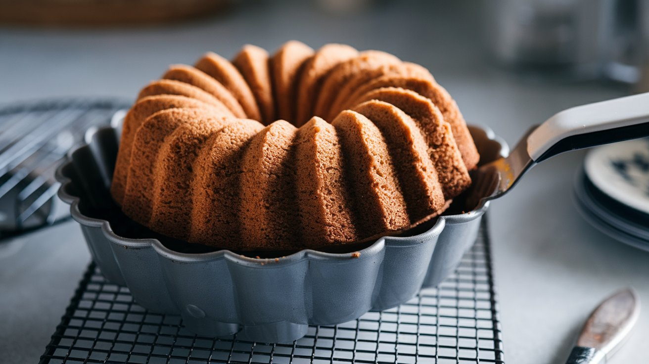 A perfectly baked Bundt cake being flipped onto a cooling rack, showing the smooth release from the pan without sticking or breaking.