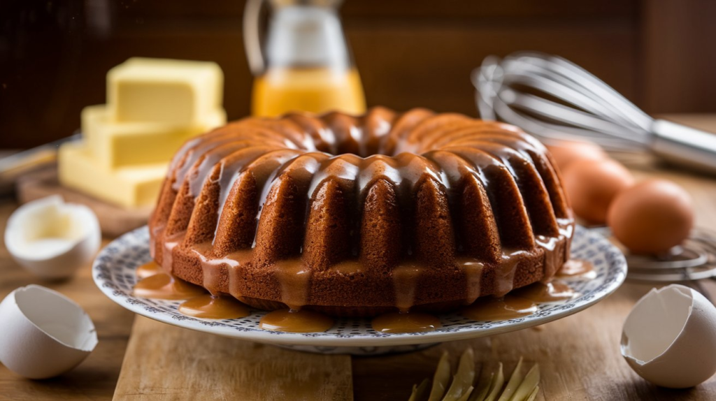 Close-up of a Bundt cake with a golden crust, showing the texture to highlight tips on preventing dryness in Bundt cakes.