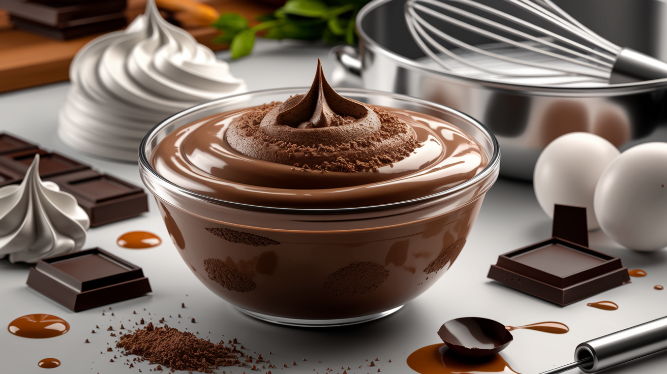 A bowl of smooth, rich chocolate mousse with a spoon ready to scoop, showcasing the perfect texture of a well-made dessert.