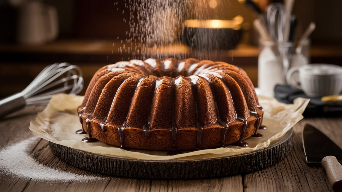 A golden Bundt cake drizzled with glaze, showcasing its iconic fluted design on a wooden cake stand.