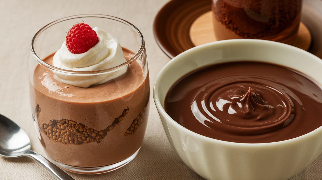 Side-by-side comparison of chocolate pudding and chocolate mousse, showcasing the dense texture of pudding and the airy, fluffy texture of mousse.