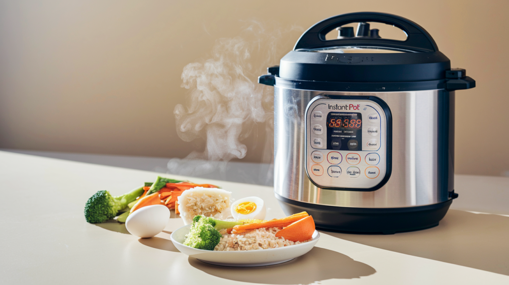 A beginner-friendly Instant Pot meal, featuring perfectly cooked hard-boiled eggs and rice, displayed with an Instant Pot in the background.