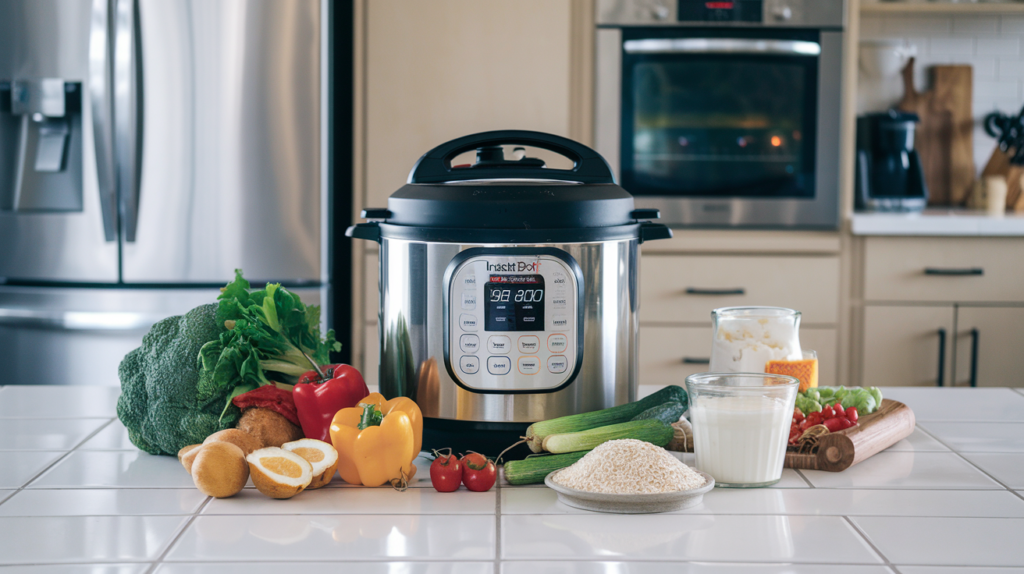 Instant Pot multi-use pressure cooker with different cooking functions on display, perfect for quick and healthy meals.