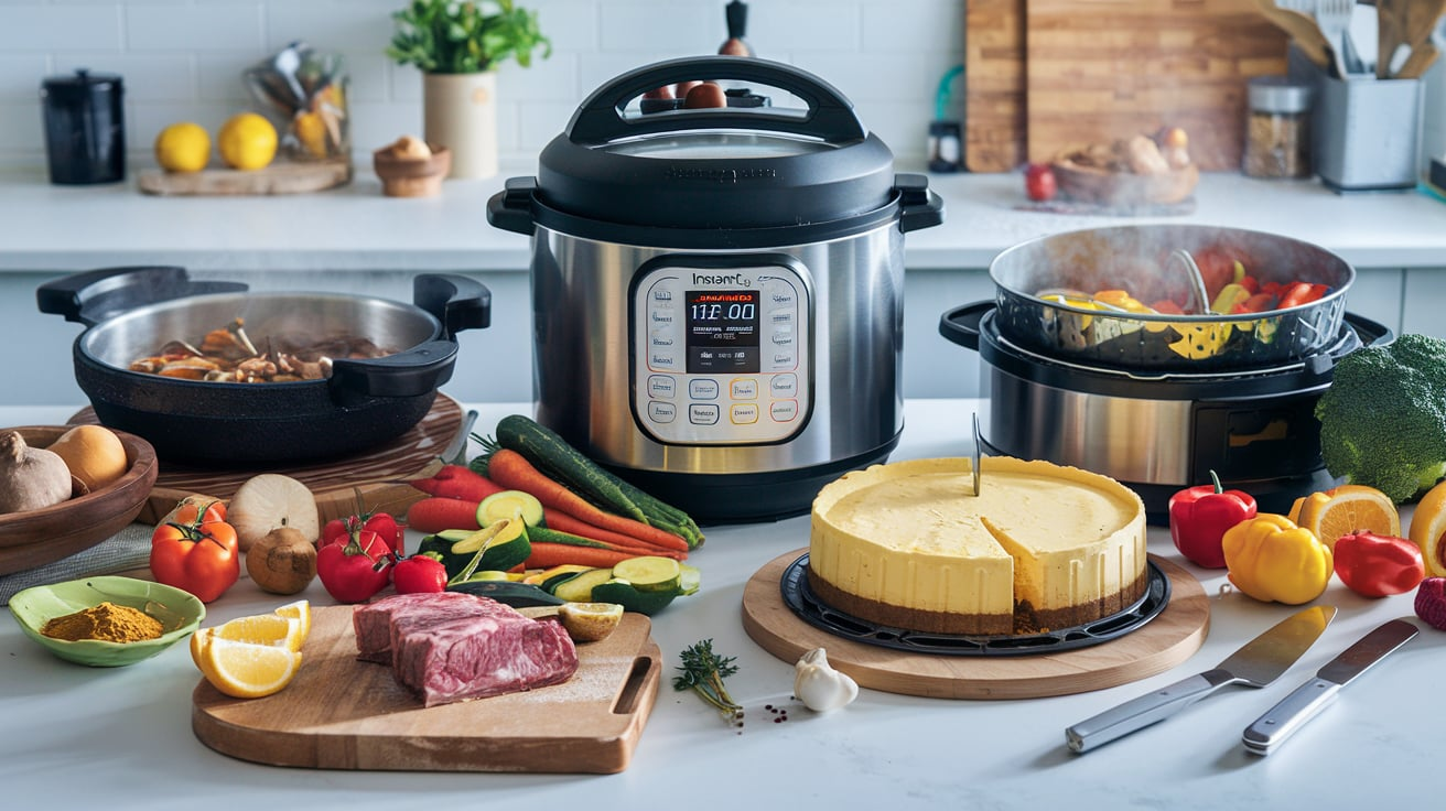 An Instant Pot on a kitchen counter cooking a variety of meals, showing its versatility in preparing quick, healthy dishes.