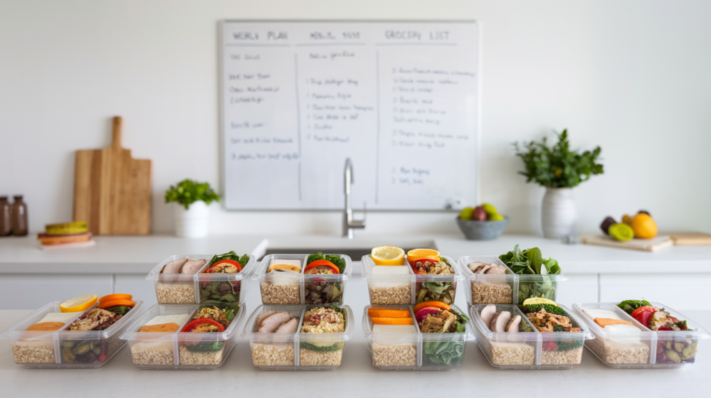 Meal prep containers filled with healthy, balanced meals including proteins, grains, and vegetables for one week of meal prepping.