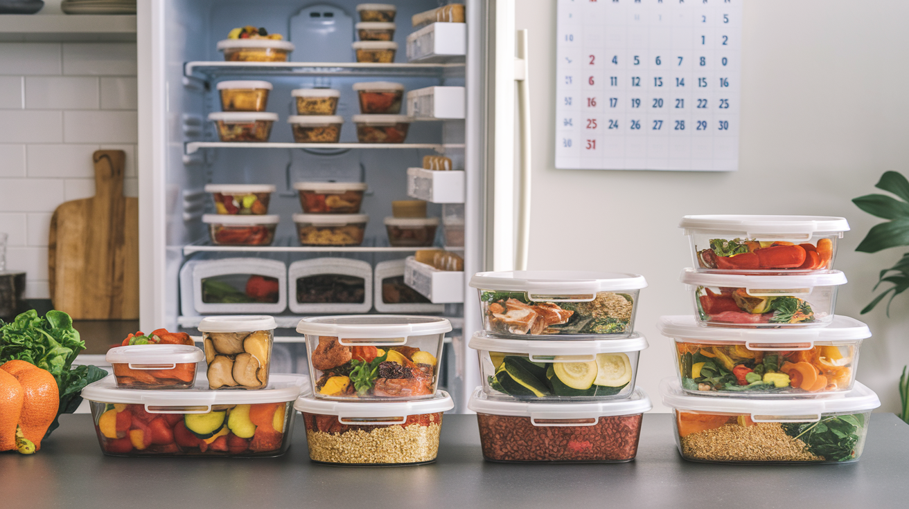 Containers with prepped meals, including roasted vegetables, grilled chicken, quinoa, and leafy greens, ready for safe 5-day meal prep.