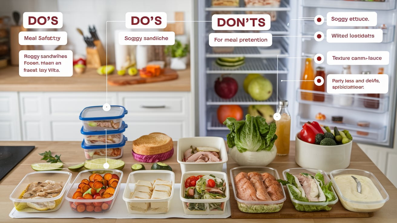 A variety of meal prep containers with safe meal-prep foods, avoiding cream-based sauces, soggy sandwiches, and high-water-content vegetables.