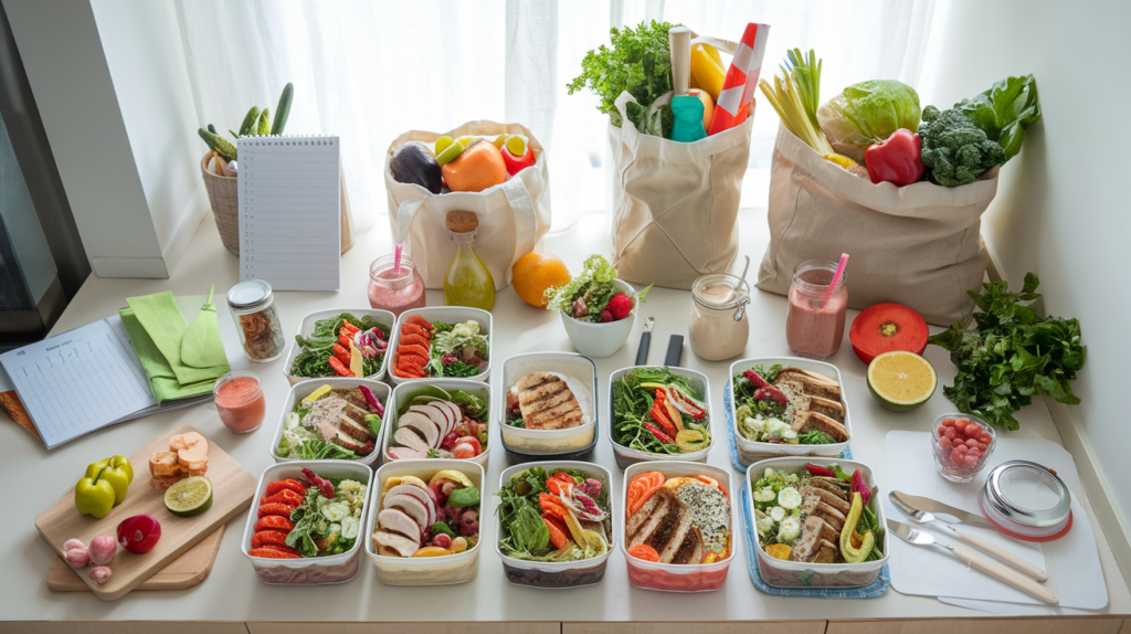 Prepped containers of salads, roasted vegetables, and grilled chicken ready for a healthy, time-saving week.