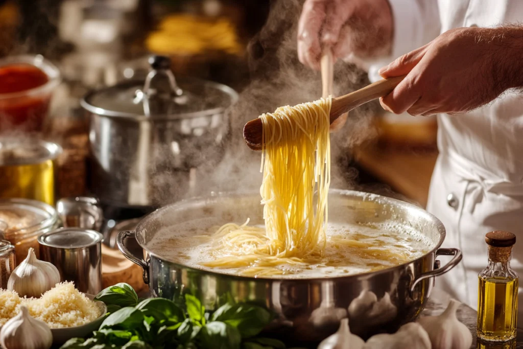 Spaghetti being stirred in a pot with boiling water, demonstrating perfect pasta cooking tips and techniques.