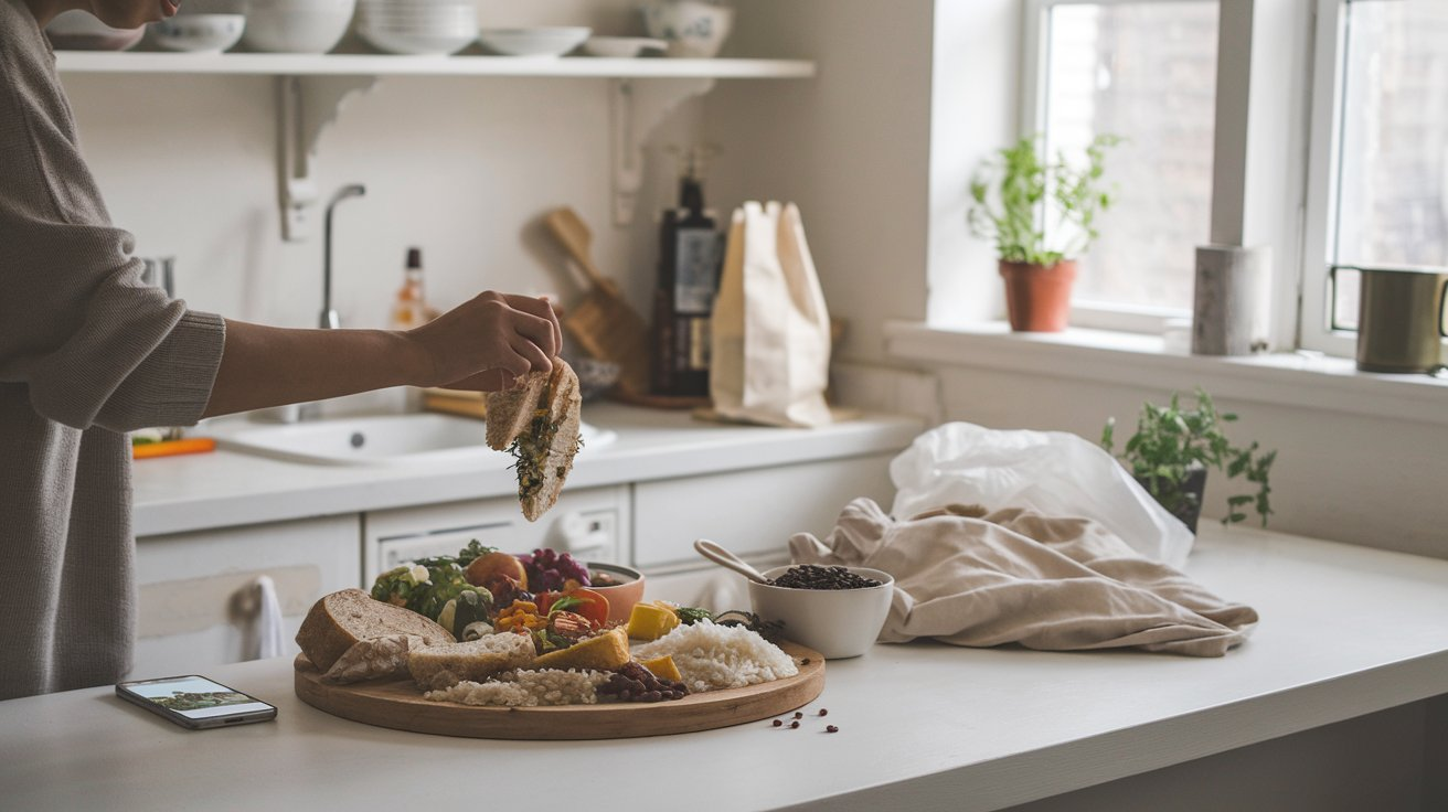 A table with simple pantry items like rice, beans, and bread used to make affordable meals when there's no food available.