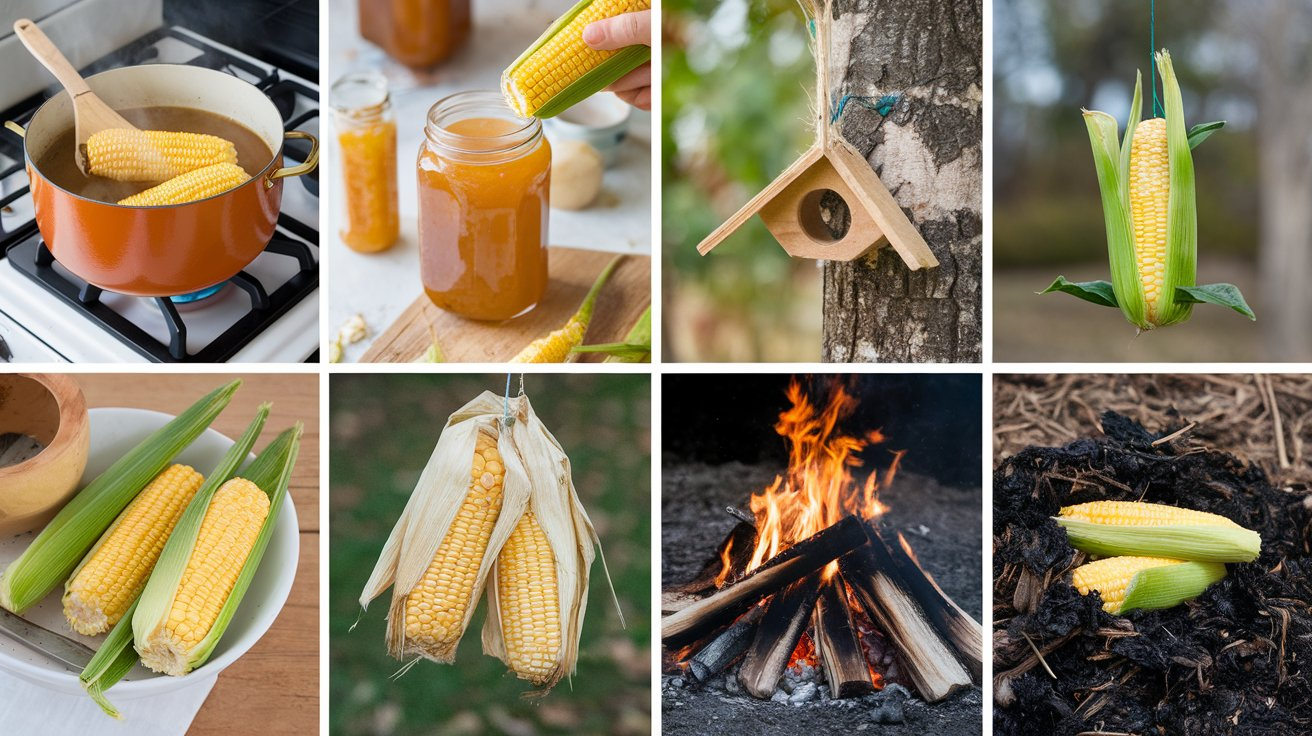 A collection of leftover corn cobs being repurposed for making corn stock, jelly, composting, and DIY crafts.