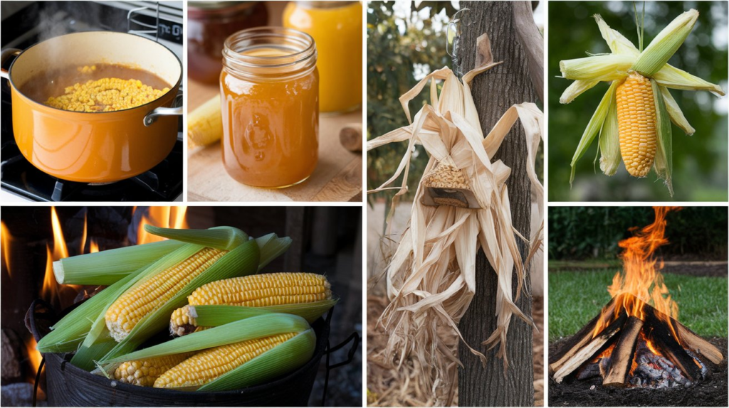 A variety of creative uses for leftover corn cobs, including corn stock simmering in a pot, DIY bird feeders hanging from a tree, and composting corn cobs in a garden.