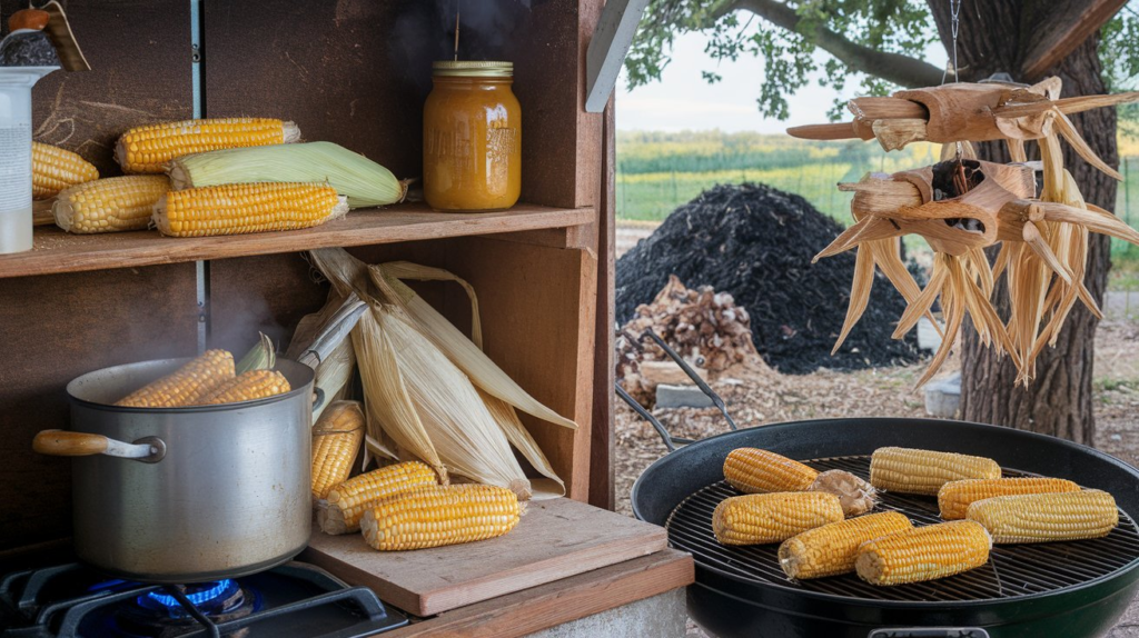 A pile of dried corn cobs being used in various ways, such as making corn stock, jelly, and eco-friendly fire starters.