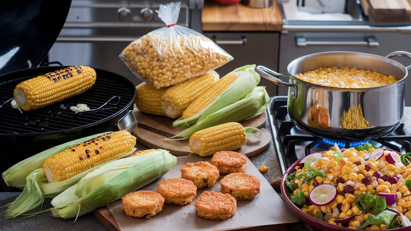 Various ways to use leftover corn on the cob, including grilled corn, corn fritters, and stored frozen corn cobs in airtight bags.