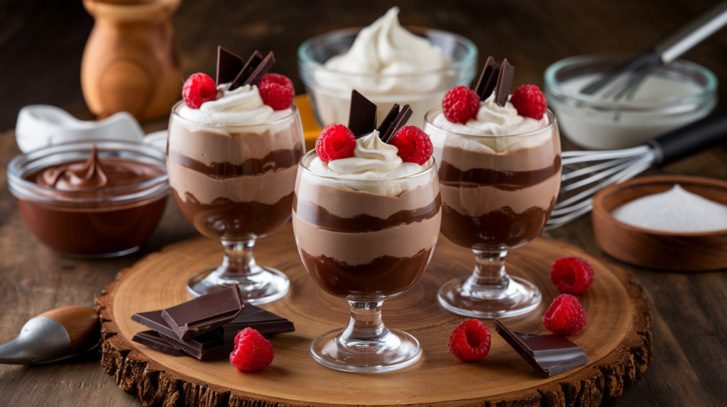 A bowl of creamy chocolate mousse topped with whipped cream and chocolate shavings, showcasing its rich, airy texture.