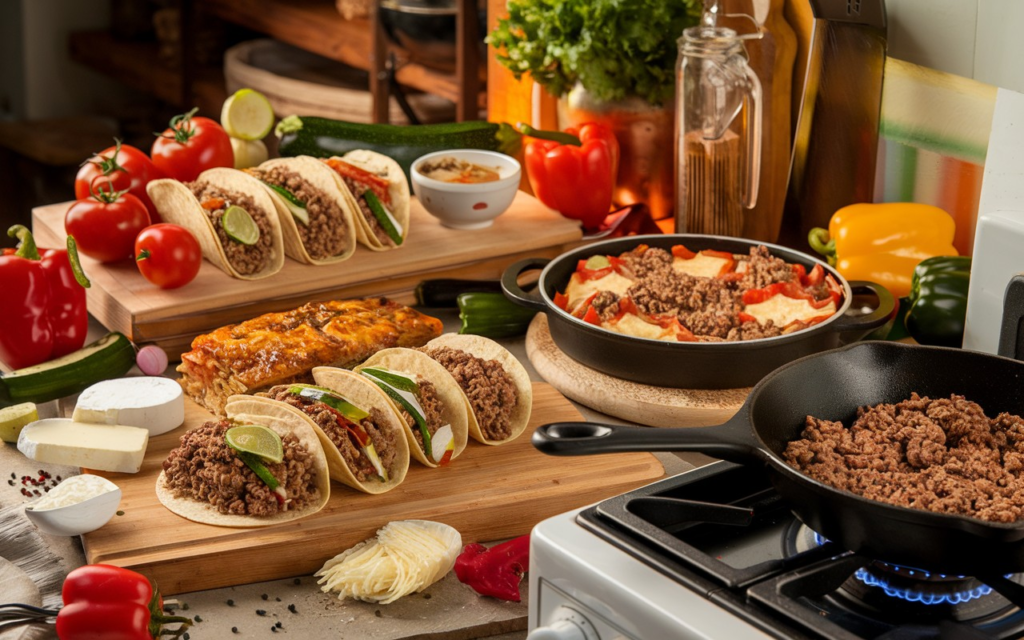 A variety of ground beef recipes including tacos, lasagna, and stir-fry served in bowls and plates with fresh ingredients.