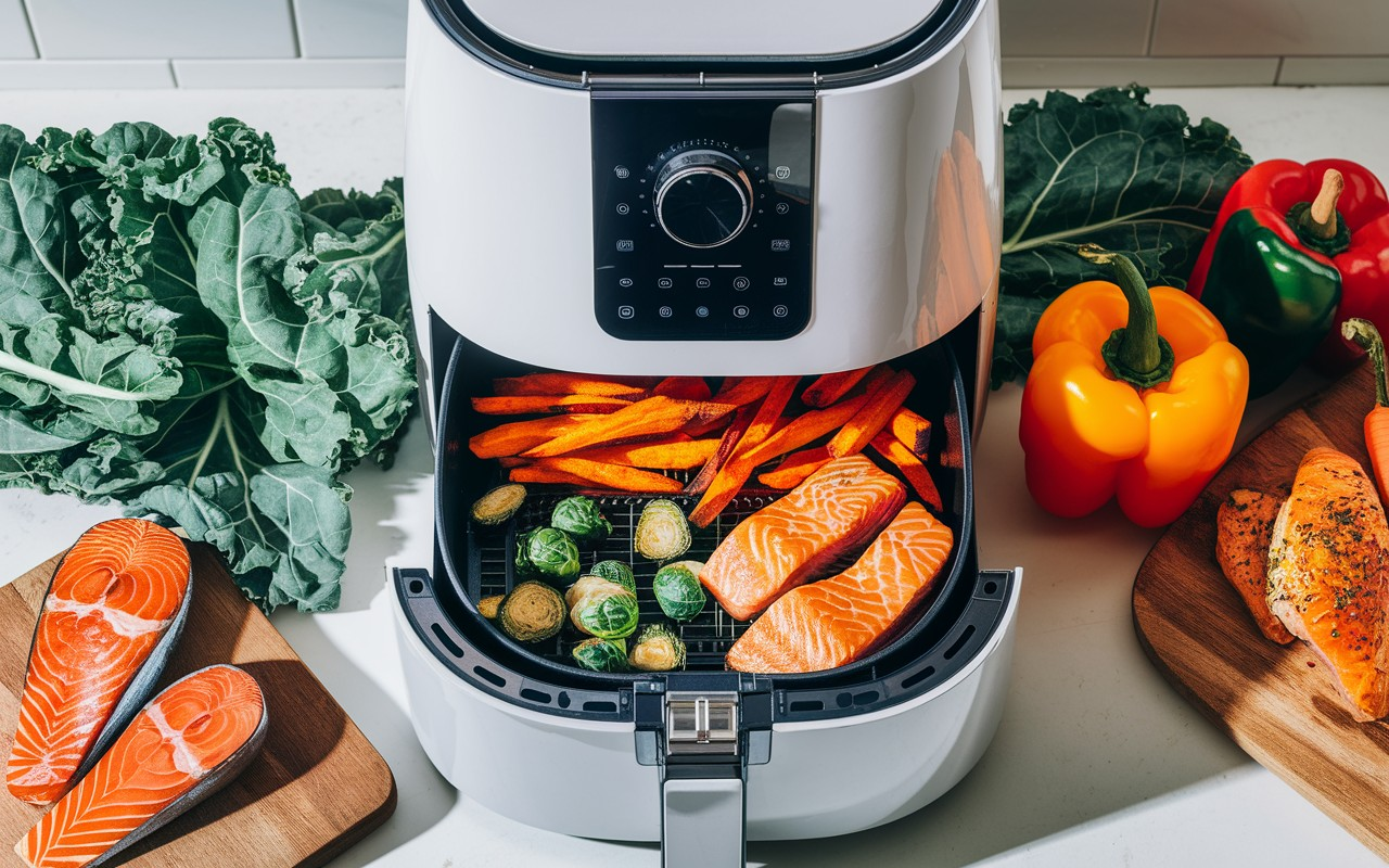 Image of an air fryer surrounded by healthy foods like Brussels sprouts, sweet potato fries, and salmon, showcasing the benefits of air frying for nutritious meals.