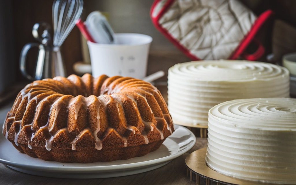 A golden Bundt cake with a light glaze drizzled over its fluted design, showcasing its unique shape compared to a standard round cake.