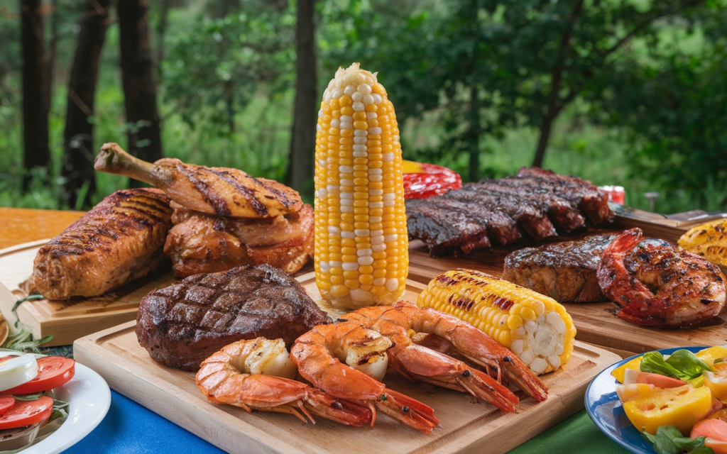 Grilled corn on the cob served with barbecue ribs and fresh garden salad on a summer picnic table.