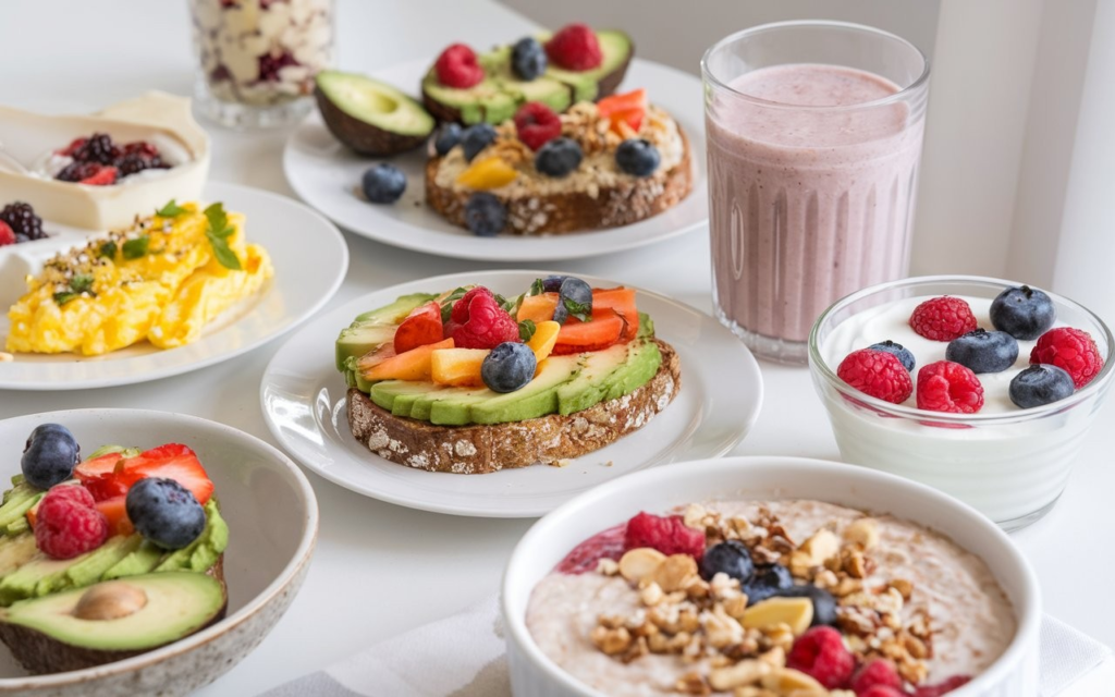 An assortment of healthy breakfast foods including eggs, Greek yogurt with berries, avocado toast, oatmeal, and smoothies.