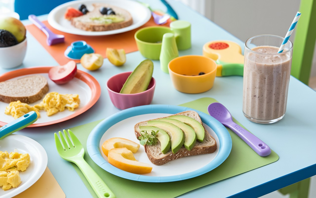 A colorful toddler breakfast with scrambled eggs, fruit, and whole-grain toast on a kid-friendly plate.