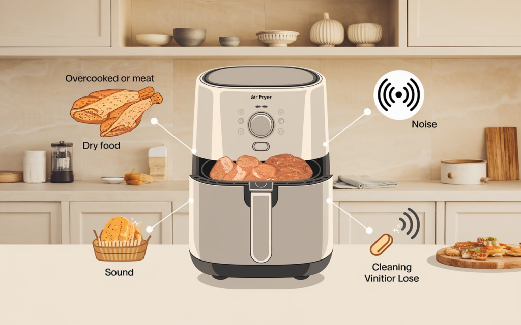 mage showing an air fryer with visual representations of its drawbacks, including small cooking capacity, noise, and maintenance requirements.