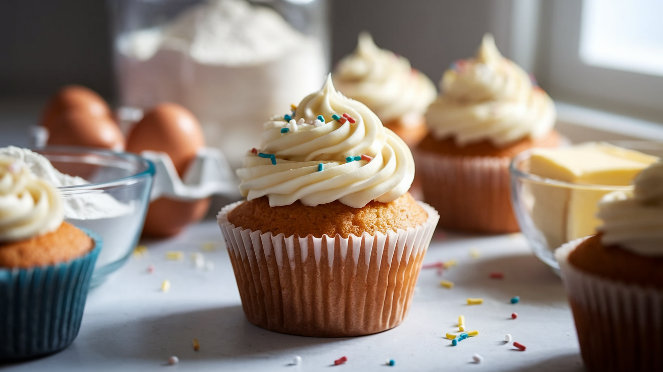 Close-up image of a classic vanilla cupcake with buttercream frosting and sprinkles.