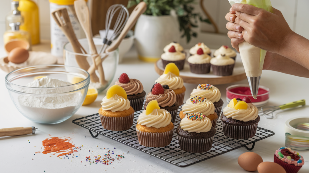 Freshly baked cupcakes decorated with colorful frosting and sprinkles, showcasing perfect texture and creative designs.