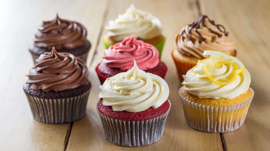 Delicious chocolate, vanilla, red velvet, lemon, and peanut butter cupcakes with various frostings.