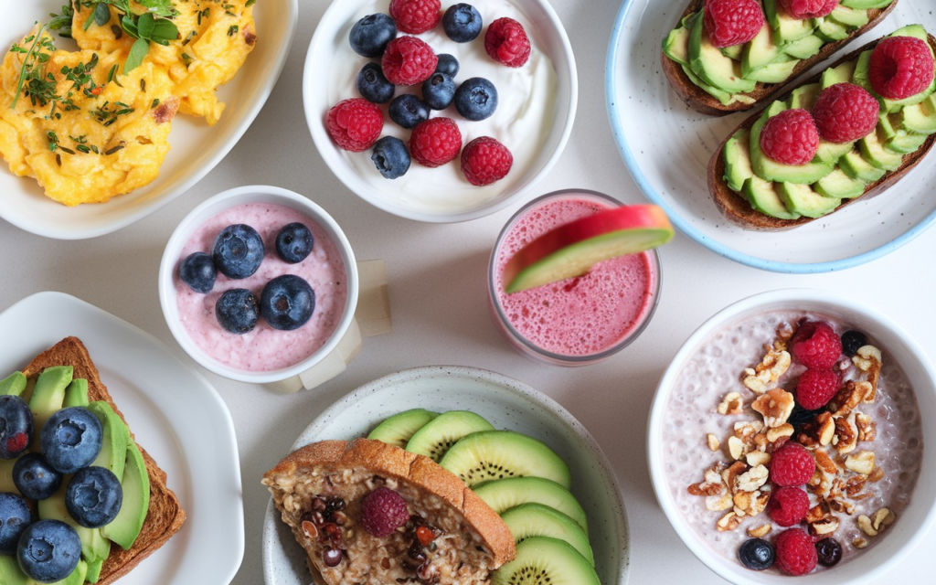 An assortment of healthy breakfast foods, including eggs, Greek yogurt with berries, avocado toast, oatmeal, and smoothies.