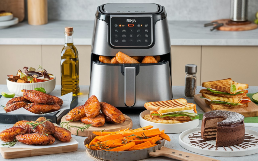 Ninja Air Fryer surrounded by various air-fried dishes including chicken wings, sweet potato fries, grilled cheese, and lava cake, in a modern kitchen setting.